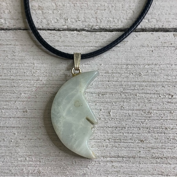 Amazonite Moon Face Pendant Necklace Carved Gemstone Crescent Moon Cord Chain - Picture 2 of 7